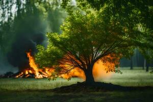 a tree with fire in the background. AI-Generated photo