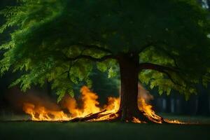 a tree with flames coming out of it. AI-Generated photo