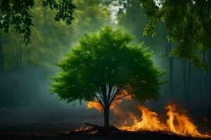 a tree is burning in the middle of a forest. AI-Generated photo