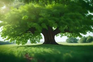 un grande árbol en el medio de un campo. generado por ai foto