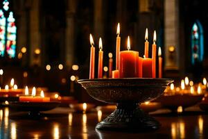 candles are lit in a church with stained glass windows. AI-Generated photo