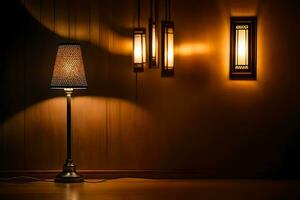 un lámpara y dos lamparas en un pared en un oscuro habitación. generado por ai foto