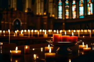 velas son iluminado en un Iglesia con velas en el antecedentes. generado por ai foto