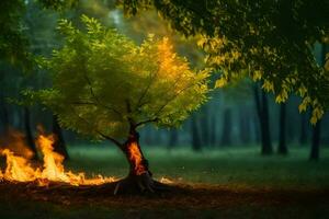 a tree with flames and smoke coming out of it. AI-Generated photo