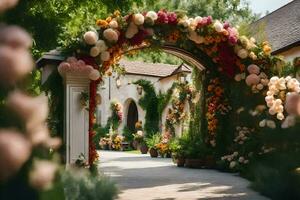 a flower archway leads to a house with flowers. AI-Generated photo