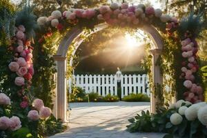 un hermosa arco con flores y verdor. generado por ai foto