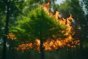 a tree is burning in the middle of a forest. AI-Generated photo