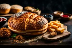 a bread with cheese and other ingredients on a table. AI-Generated photo