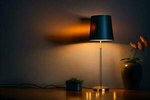 a lamp on a table in front of a plant. AI-Generated photo