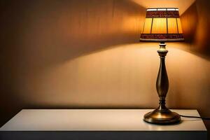 a lamp on a table in front of a wall. AI-Generated photo