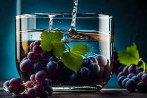 a glass of water with grapes and leaves. AI-Generated photo