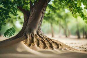 a tree with roots in the sand. AI-Generated photo