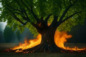 un grande árbol con llamas viniendo fuera de él. generado por ai foto