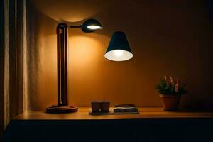 a lamp on a table next to a book. AI-Generated photo