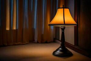 a lamp is sitting on a table in front of a curtain. AI-Generated photo