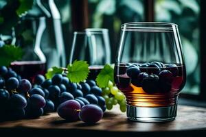 a glass of wine and grapes on a table. AI-Generated photo