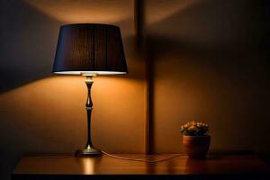 un lámpara en un mesa en frente de un pared. generado por ai foto