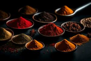 spices in bowls on a black background. AI-Generated photo