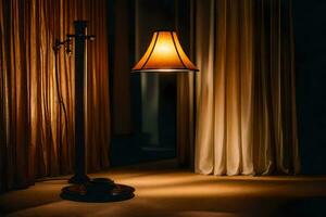 a lamp is sitting on a floor in front of a curtain. AI-Generated photo