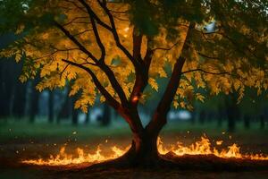 a tree with flames around it in the middle of a field. AI-Generated photo