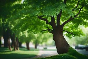 a tree is sitting on the grass in front of a road. AI-Generated photo