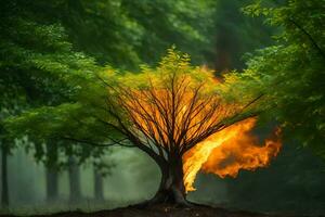 un árbol con fuego viniendo fuera de eso en el medio de el bosque. generado por ai foto