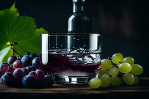 a glass of wine and grapes on a table. AI-Generated photo