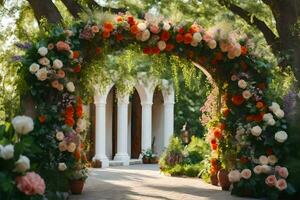 an archway with flowers and greenery. AI-Generated photo