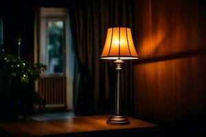 a lamp on a table in a dark room. AI-Generated photo