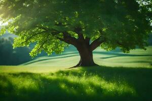 un árbol en un campo con verde césped. generado por ai foto