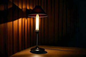 a lamp is on a table in the dark. AI-Generated photo