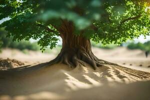 a tree with roots in the sand. AI-Generated photo