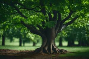 a tree with roots in the ground in a field. AI-Generated photo