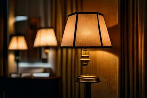 a lamp is sitting on a table in a room. AI-Generated photo