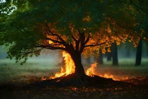 a tree with flames coming out of it in the middle of the forest. AI-Generated photo