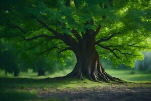 un grande árbol en el medio de un campo. generado por ai foto