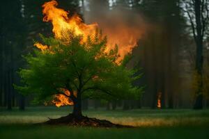 a tree is burning in the middle of a field. AI-Generated photo