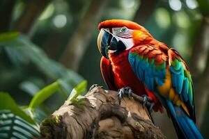 a colorful parrot sits on a branch in the jungle. AI-Generated photo