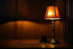 a lamp on a table in the dark. AI-Generated photo