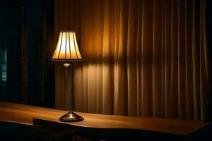 a lamp is sitting on a table in front of curtains. AI-Generated photo