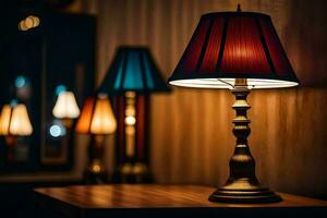 a table with a lamp on it and a few lamps. AI-Generated photo
