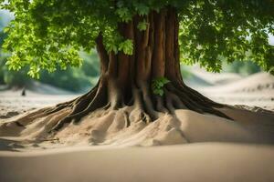 a tree with roots in the sand. AI-Generated photo