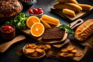varios comidas incluso pan, queso, y Fruta en un mesa. generado por ai foto