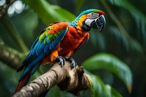 a colorful parrot sits on a branch in the jungle. AI-Generated photo