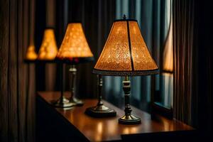 three lamps on a table in front of a window. AI-Generated photo