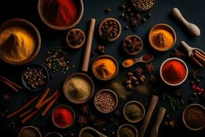 various spices and herbs are arranged in bowls. AI-Generated photo