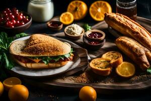 un emparedado y un pan en un corte tablero con naranjas y otro alimento. generado por ai foto