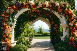 an archway with orange and purple flowers. AI-Generated photo