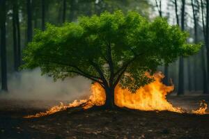 a tree is burning in the middle of a forest. AI-Generated photo