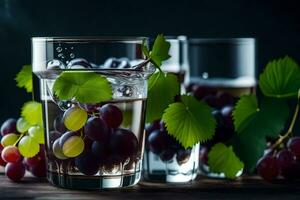 grapes and water in glasses on a dark table. AI-Generated photo